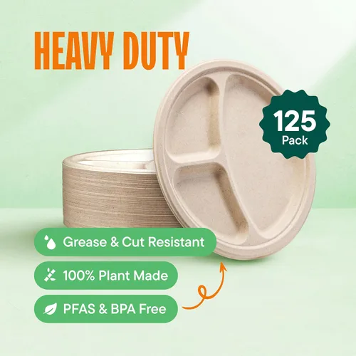 Vista 2 de Platos de papel desechables 100% compostables, 3 compartimentos, [125 unidades] - {Sin PFAS} - {Certificado BPA} - [10 pulgadas] Bandejas
