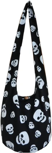 Vista 5 de BTP! - Bolso bandolera de algodón tailandés estilo hobo con diseño de calavera, punk, rock, hippie, hobo tailandés, pequeño (negro), Negro