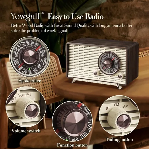 Vista 3 de YOWGUIF - Radio AM FM clásica retro de madera para mesa, altavoces Bluetooth, radios enchufables de pared con perilla giratoria, ideal para el hogar