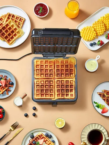 Vista 6 de Máquina de gofres belga de 4 rebanadas, plancha para gofres de 1200W, plancha antidesbordamiento con perilla de tostado, placas antiadherentes