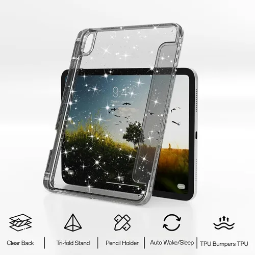 Vista 3 de Funda compatible con iPad de 11ª y 10ª generación de 11 pulgadas 2025/10.9 pulgadas 2022, parte trasera transparente brillante con soporte