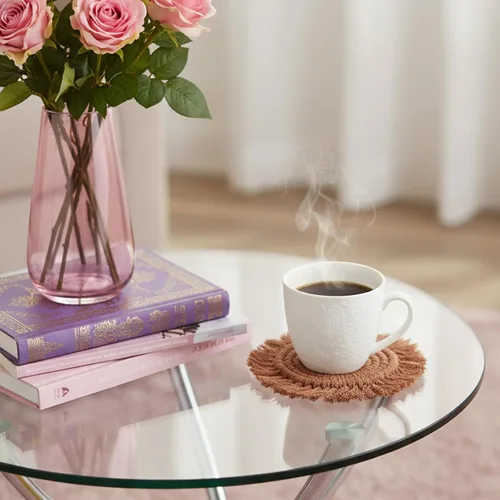 Vista 4 de 4 posavasos de macramé bohemios, hechos a mano con bordes de borlas, para café, hogar, cocina, oficina, decoración de mesa