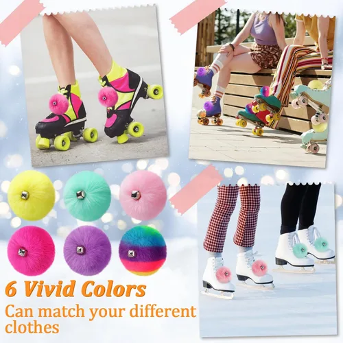 Vista 5 de PAMASE Pompones para Patines de Ruedas para Niñas y Mujeres - 6 Pares de Pompones Esponjosos y Coloridos con Cascabeles, Cordones de Zapatos