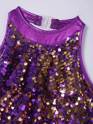 Vista 5 de Freebily Vestido de ballet con lentejuelas brillantes para niñas y niñas, cuello halter, falda de leotardo corto de jazz, hip hop, disfraz de danza