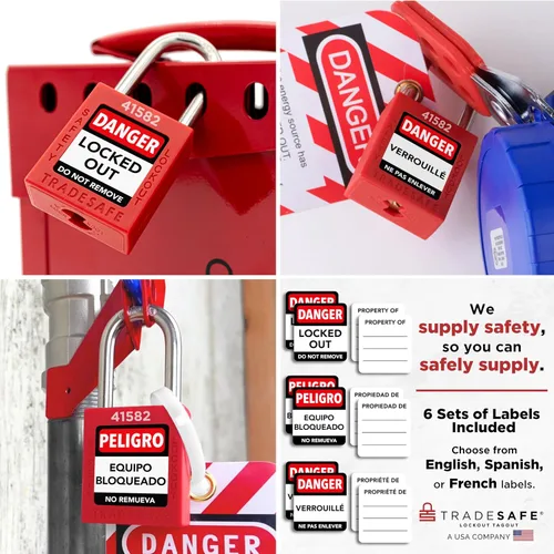 Vista 7 de TRADESAFE Juego de cerraduras de bloqueo - 7 candados iguales con llave roja, 2 llaves por cerradura, cerraduras Loto compatibles con OSHA