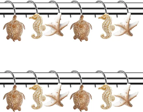 Vista 5 de YUKUNTANG Seashell - Ganchos para cortina de ducha, 12 piezas de anillos de cortina de ducha de resina decorativa antioxidante para baño, Concha