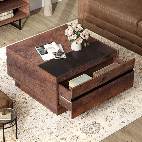 Vista 5 de WAMPAT Mesa de centro moderna, mesa de centro cuadrada para sala de estar con parte superior de vidrio templado y dos grandes cajones