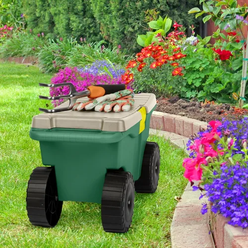 Vista 10 de Pure Garden - Carrito de jardín rodante con asiento, almacenamiento de plástico con banco y bandeja interior de herramientas, taburete de jardinería
