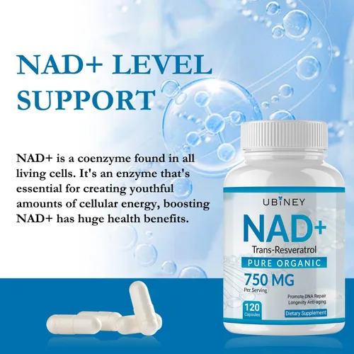 Vista 3 de NAD+ 750mg con Trans-Resveratrol – Suplemento de dinucleótido de adenina de nicotinamida orgánica pura – Reparación de ADN, energía celular, apoyo