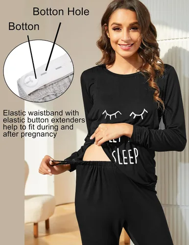 Vista 2 de Ekouaer Conjunto de ropa interior térmica de maternidad y lactancia, conjunto de pantalones largos de punto a rayas, capa base superior e inferior