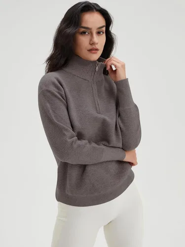 Vista 4 de DEEP SELF Otoño - Suéter elástico de manga larga con cuello en V y cremallera de 14 para mujer, suéteres sólidos de punto acanalado