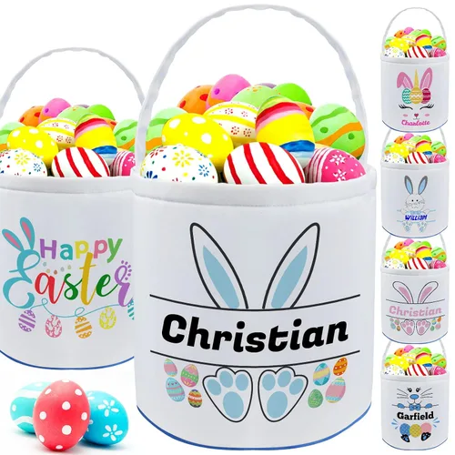 Vista 9 de Cesta de Pascua personalizada con nombre para niñas, niños y niños, cesta de Pascua personalizada bolsas de regalo para caza de huevos de Pascua