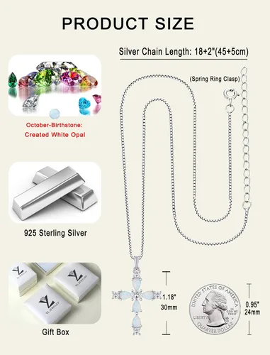 Vista 129 de YL Collar de cruz de plata de ley 925 con colgante de piedra natal religiosa para mujer