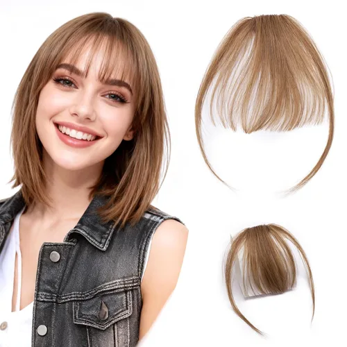 Vista 11 de Hairro Flequillo con clip, de cabello humano, fleco francés, con flecos, parte frontal plana, flequillo lateral, clip con cortina de sien, clip