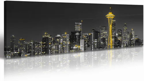 Vista 11 de JiazuGo Phoenix Skyline Arte de Pared en Lienzo - Paisaje Urbano de Arizona Enmarcado (14x48 Pulgadas) Negro y Blanco con Amarillo, Decoración