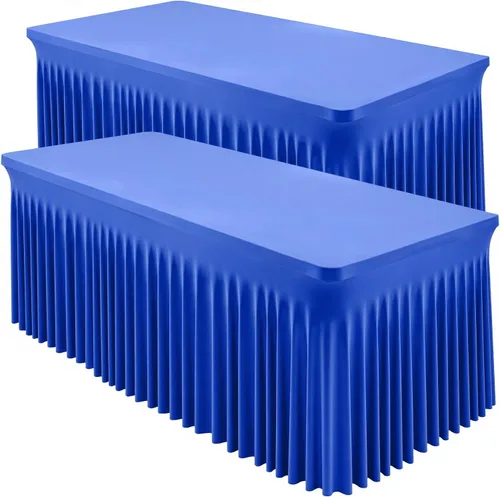 Vista 26 de Paquete de 2 manteles color azul bebé para mesa rectangular de 4 pies, manteles de elastano elásticos de 4 pies, falda blanca rectangular para baby