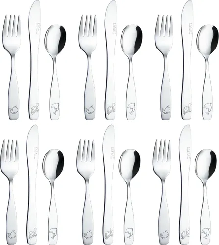 Vista 11 de Exzact Cubiertos para niños, 18 piezas, utensilios para niños pequeños, 6 tenedores, 6 cuchillos, 6 cucharas, aptos para lavavajillas, 2 años