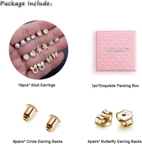 Vista 2 de TOPBRIGHT 8 pares de aretes hipoalergénicos de plata de ley 925, aretes de tuerca de corazón blanco con circonita cúbica pequeña mariposa