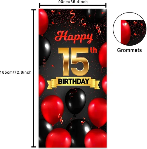 Vista 3 de Cartel de feliz cumpleaños 15 cumpleaños rojo y negro telón de fondo para cabina de fotos, globos de vítores a 15 años de edad, decoración temática