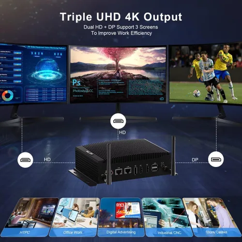 Vista 4 de HISTTON Mini PC sin ventilador Core i7-10810U, 8GB RAM 256GB M.2 SSD, PC industrial con 2 RS232/485 COM, Dual HD+DP 4K Triple Display, 2 LAN, 6 USB