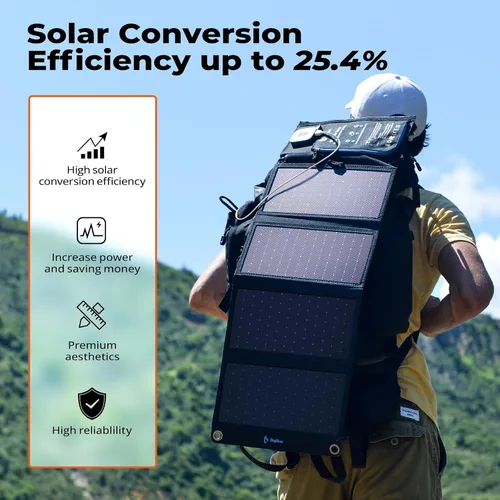 Vista 2 de Cargador solar portátil BigBlue de 28W con amperimetro digital, 25.4% de alta eficiencia, puertos USB-A/USB-C, paneles solares plegables