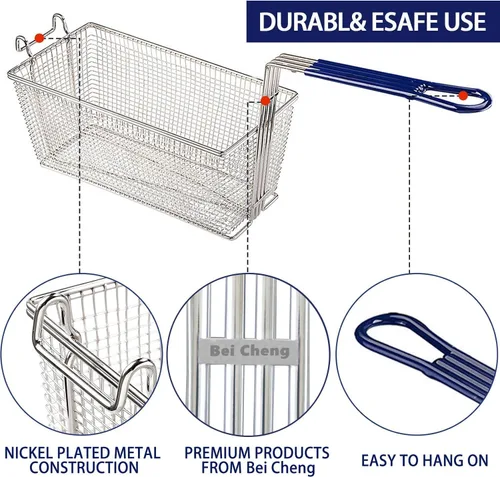 Vista 3 de 2 cestas para freidora profunda con mango antideslizante, construcción de hierro chapado en níquel resistente, 13 1/4 x 6 1/2 x 6 pulgadas, uso