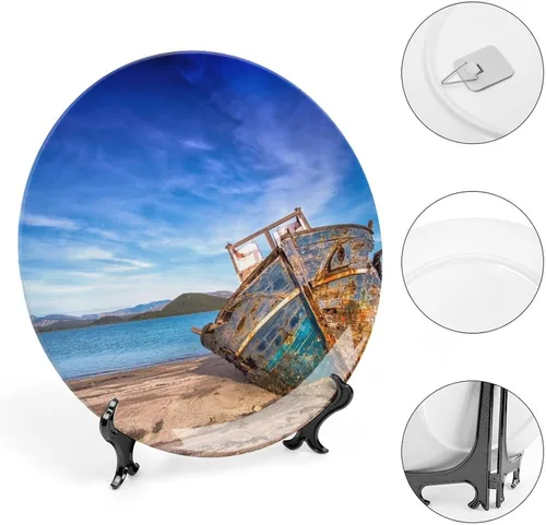 Vista 4 de Plato decorativo de pared de porcelana de 6 pulgadas con soporte, barco, cielo, mar, paisaje, naturaleza, adornos coleccionables, arte de pared