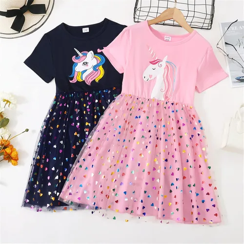 Vista 6 de Vestidos de verano casuales de manga corta con tutú de unicornio para niñas de 4 a 12 años