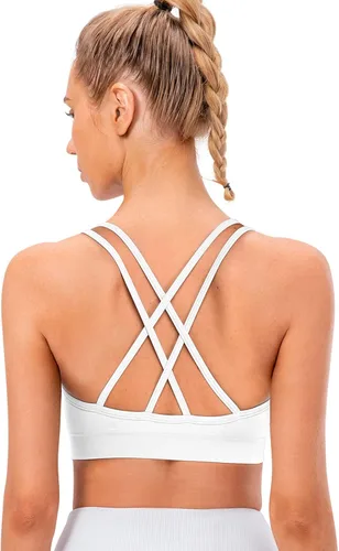 Vista 2 de VEQKING Brasier deportivo con espalda cruzada para mujer, con relleno y tirantes de soporte medio, brasier de yoga para entrenamiento, fitness