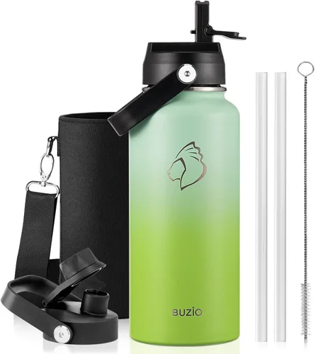 Vista 90 de BUZIO Botella de agua aislada de 24 oz, frasco de agua de boca ancha de acero inoxidable con tapa de pajita, frío durante 48 horas a prueba de Negro