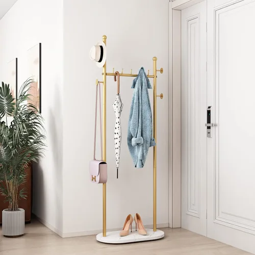 Vista 7 de DR.IRON Percheros de ropa negros con base de mármol, percheros modernos independientes negros con estantes para dormitorio, percheros resistentes