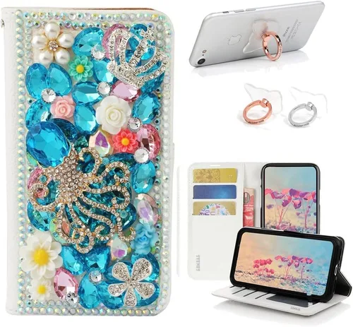 Vista 8 de Bling - Funda tipo cartera compatible con iPod Touch 5 y iPod Touch 6, elegante funda de piel con diseño de mariposas y flores 3D hechas a mano