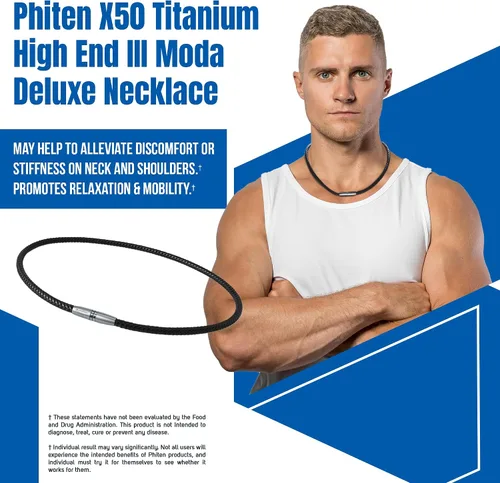 Vista 2 de Phiten X50 - Collar de titanio de gama alta moda de lujo, cordón de cuero sintético con titanio aguamarina X50, núcleo de elastómero con esferas