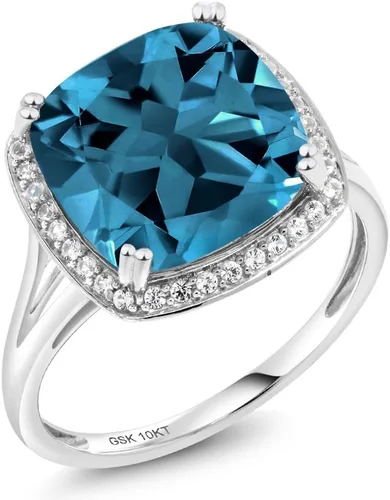 Vista 3 de Gem Stone King Anillo de oro blanco de 10 quilates con piedra natal y zafiro blanco creado para mujer, cojín de 0.472 in, anillo de compromiso