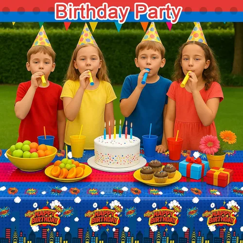 Vista 2 de Mantel rectangular de 3 piezas para decoración de fiestas de cumpleaños, mantel de plástico de 108 x 54 pulgadas, desechable, suministros