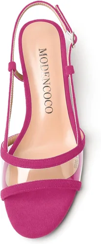 Vista 3 de MODENCOCO Vestido de citas de gamuza para mujer, con hebilla transparente, puntera abierta, cómodas, tacón bajo, sandalias de tacón bajo de 1.5