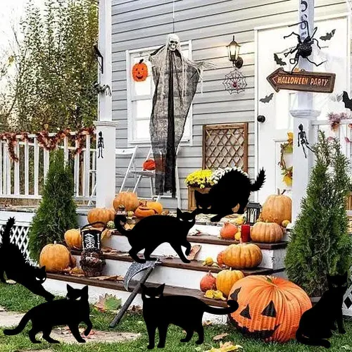Vista 4 de Paquete de 6 carteles de decoración de gato negro de Halloween con estacas que brillan en los ojos oscuros, aterradores, impermeables, para patio