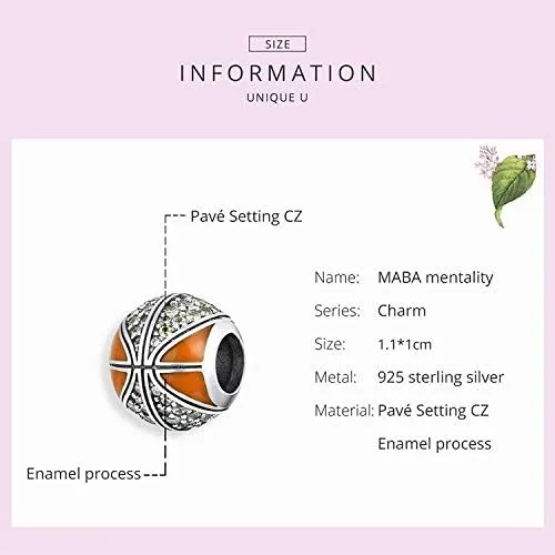 Vista 3 de Abalorio de cuentas de voleibol de plata de ley 925 con cuentas deportivas, pulsera original (personaje de baloncesto naranja)