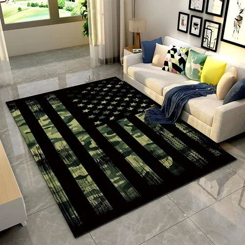 Vista 3 de Alfombra moderna y contemporánea con bandera estadounidense para interiores, 3 x 4 pies, alfombra antideslizante con temática de camuflaje verde