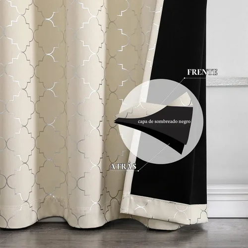 Vista 4 de Enactex, cortinas 100% opacas de 63 pulgadas de largo, cortinas beige con aislamiento térmico con patrón geométrico plateado metálico, cortinas