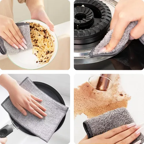 Vista 6 de 3 paños de cocina de alambre antiarañazos, 2 capas superabsorbentes de bambú y carbón, trapos reutilizables multiusos para lavar platos húmedos