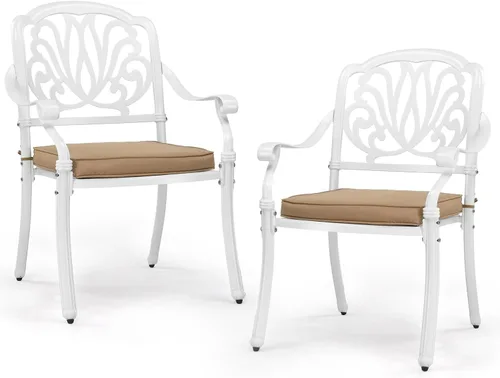 Vista 18 de VINGLI Juego de 2 sillas de patio apilables de aluminio fundido para exteriores con acabado negro vintage y patrón floral, sillones de metal