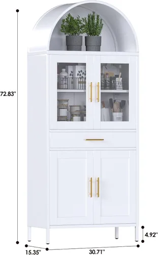 Vista 3 de Armario de almacenamiento de despensa de cocina arqueado de 73 pulgadas de alto con 4 puertas y 1 cajón, estantería de metal para oficina en casa