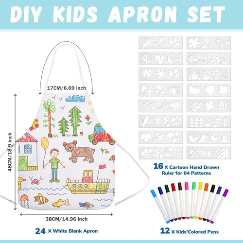 Vista 2 de Pllieay 52 delantales para niños, delantales blancos para niños con bolígrafo de colores y plantillas de diario para pintura, cocina, cocina
