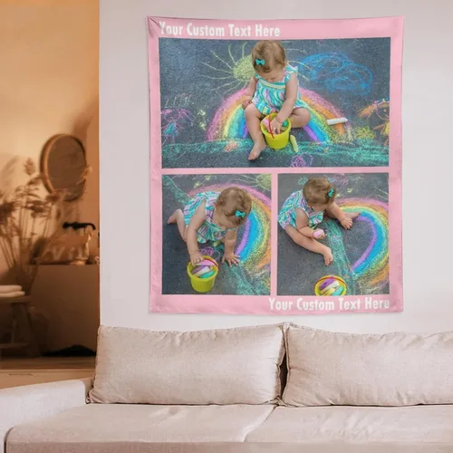 Vista 7 de Tapiz personalizado para cargar imágenes con fotos y textos, tapiz personalizado para colgar en la pared, manta de telón de fondo para decoración