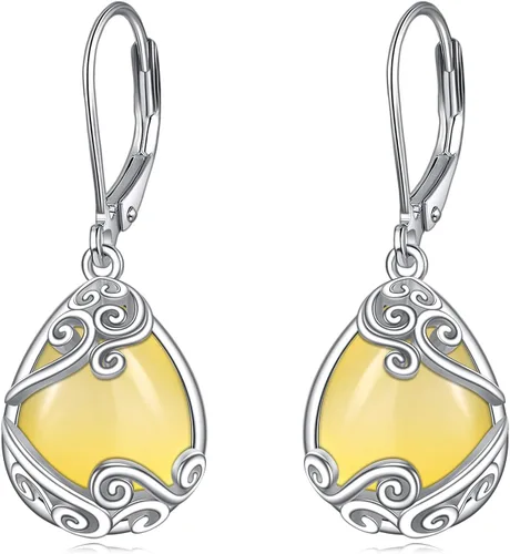 Vista 235 de Aretes colgantes con forma de lágrima de filigrana de piedra lunar de plata de ley 925 con cierre de palanca para mujer, regalos de joyería