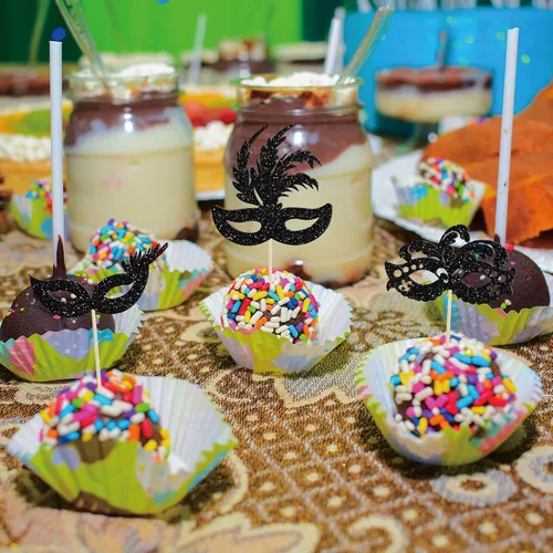 Vista 4 de Gyufise 24 máscaras de mascarada para cupcakes con purpurina para despedida de soltera, para cupcakes, comida y frutas, baile de máscaras, Mardi