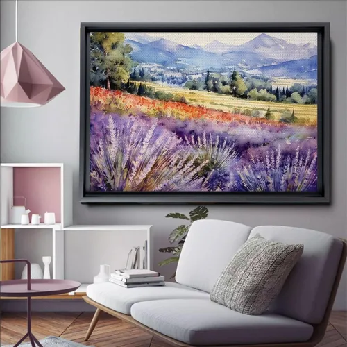 Vista 3 de Fields of Lavender, Watercolor Provence Landscape and Lavender Field - Watercolor Painting of Serene Beauty