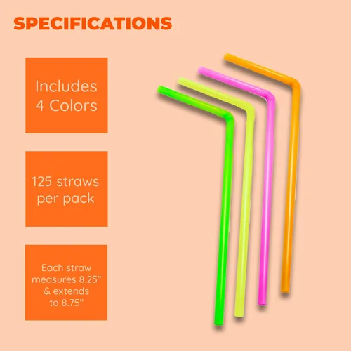 Vista 6 de Jacent Pajitas desechables flexibles, pajitas de neón de plástico flexibles: 125 unidades por paquete, pajitas divertidas para niños, ideales