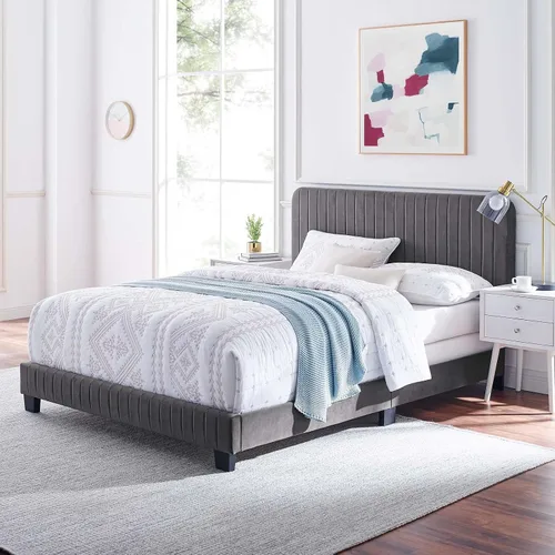 Vista 10 de Modway Celine - Cama Queen de terciopelo copetudo con canal en color azul marino